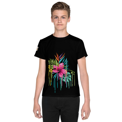 Black Youth Crew Neck T-Shirt – Pink Flower Graphic | 100% Cotton Kids Tee by Voce Lindx