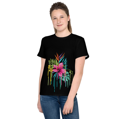 Black Youth Crew Neck T-Shirt – Pink Flower Graphic | 100% Cotton Kids Tee by Voce Lindx