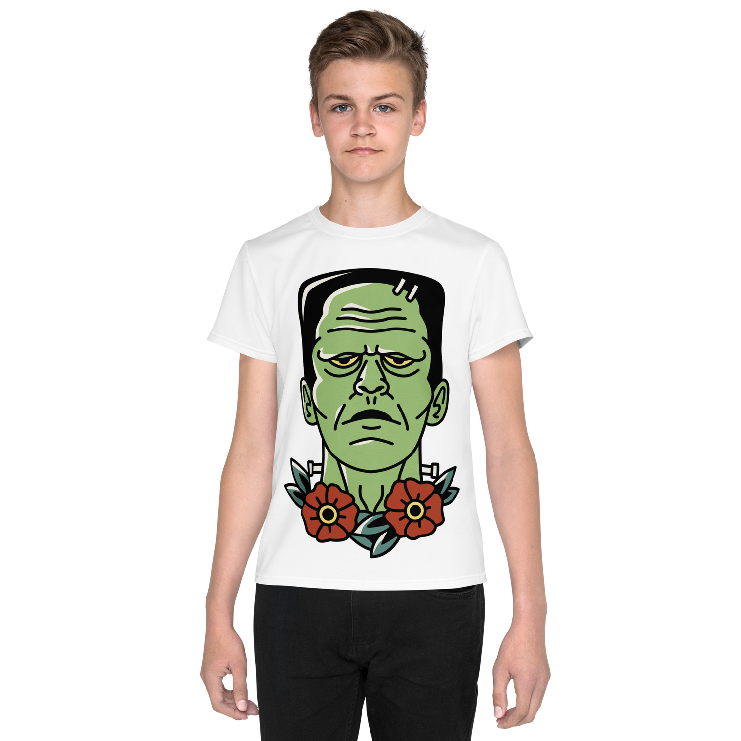 Youth Crew Neck T-Shirt – Frankenstein Cartoon Print | Black Kids Tee | 100% Cotton