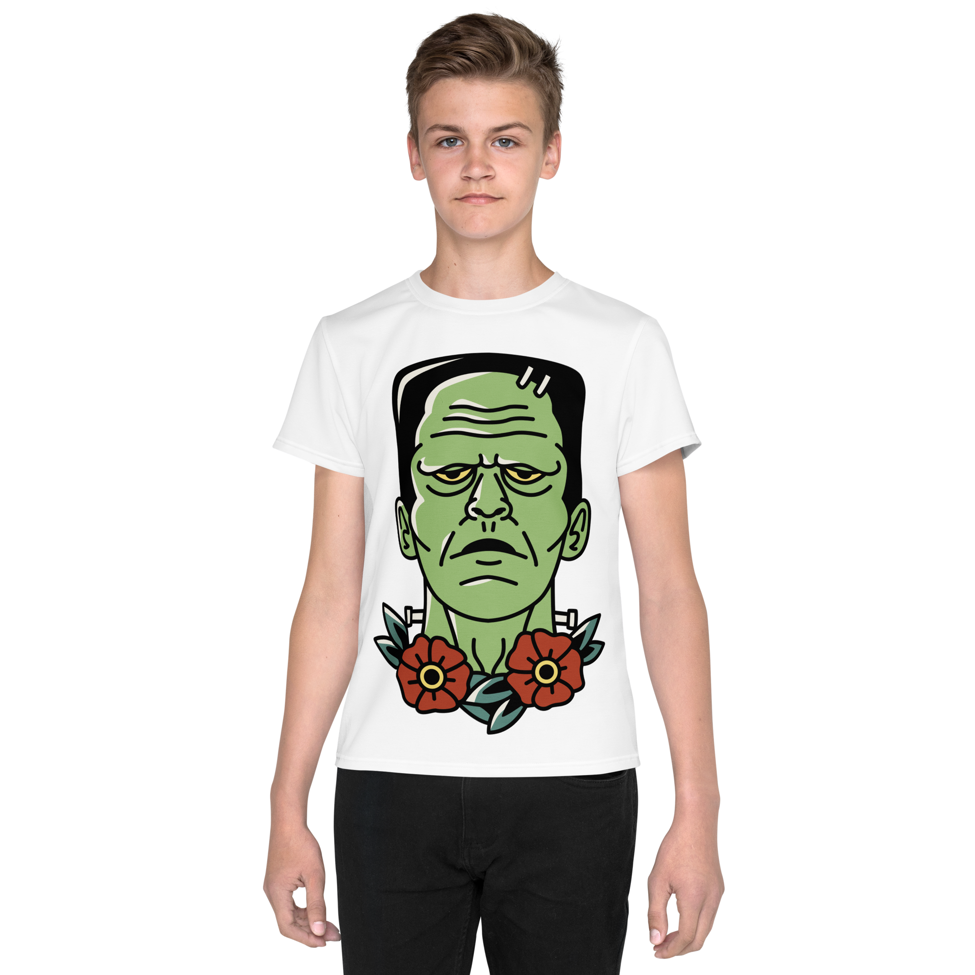 Youth Crew Neck T-Shirt – Frankenstein Cartoon Print | Black Kids Tee | 100% Cotton