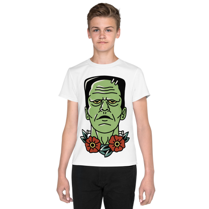 Youth Crew Neck T-Shirt – Frankenstein Cartoon Print | Black Kids Tee | 100% Cotton
