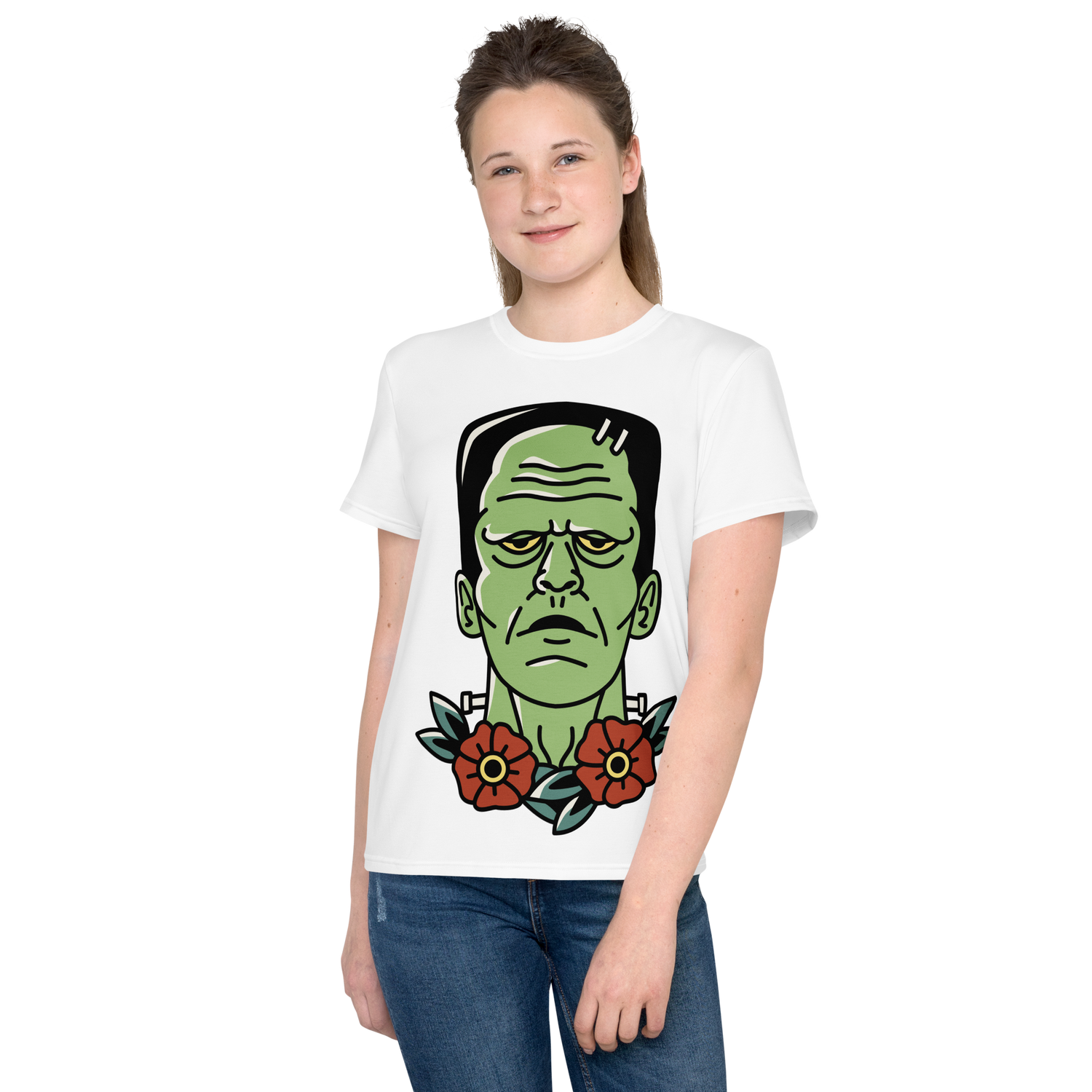 Youth Crew Neck T-Shirt – Frankenstein Cartoon Print | Black Kids Tee | 100% Cotton