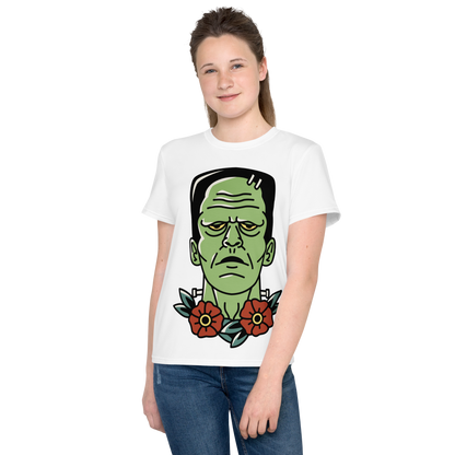Youth Crew Neck T-Shirt – Frankenstein Cartoon Print | Black Kids Tee | 100% Cotton