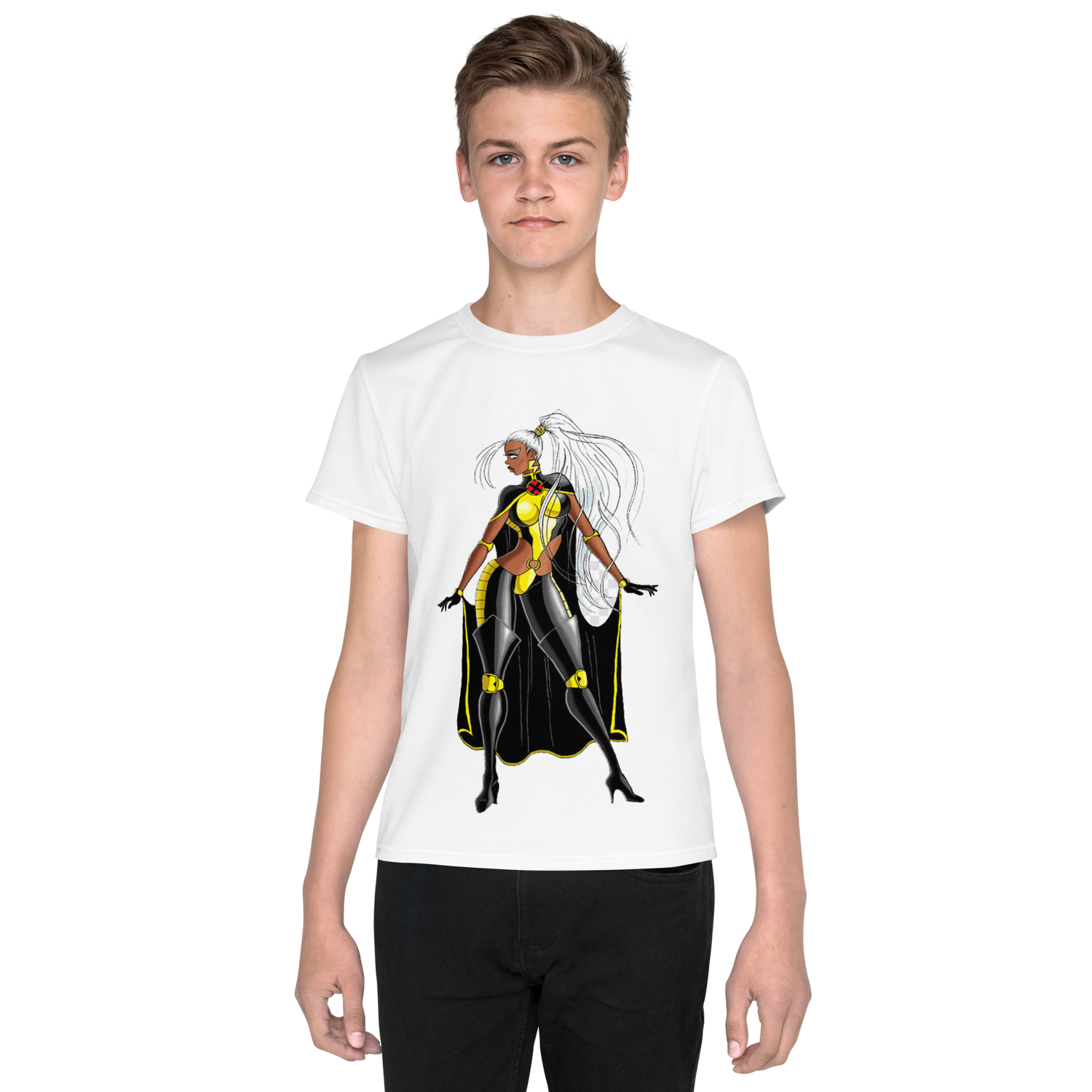 Youth Crew Neck T-Shirt – Storm Comic Art Print | Black Cotton Kids Tee | Voce Lindx