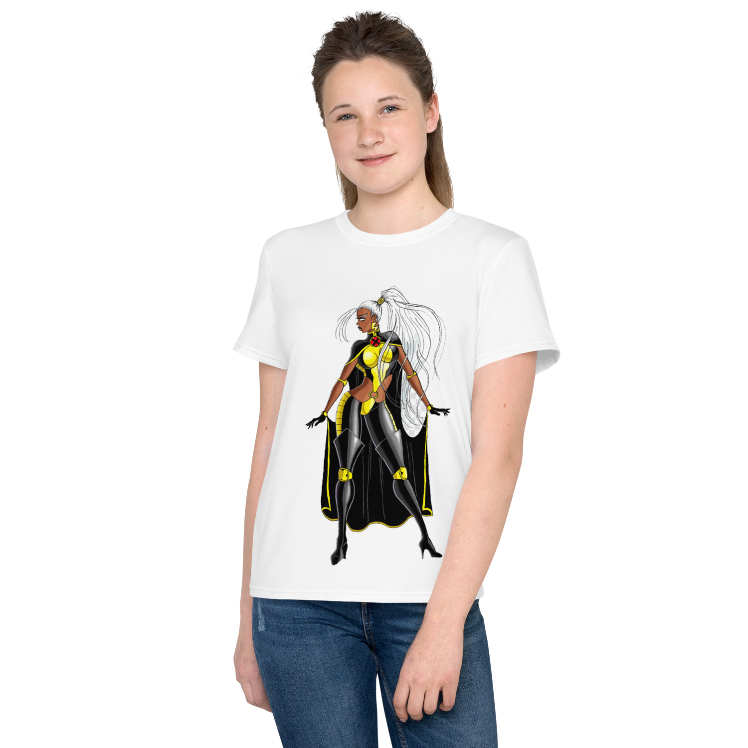 Youth Crew Neck T-Shirt – Storm Comic Art Print | Black Cotton Kids Tee | Voce Lindx