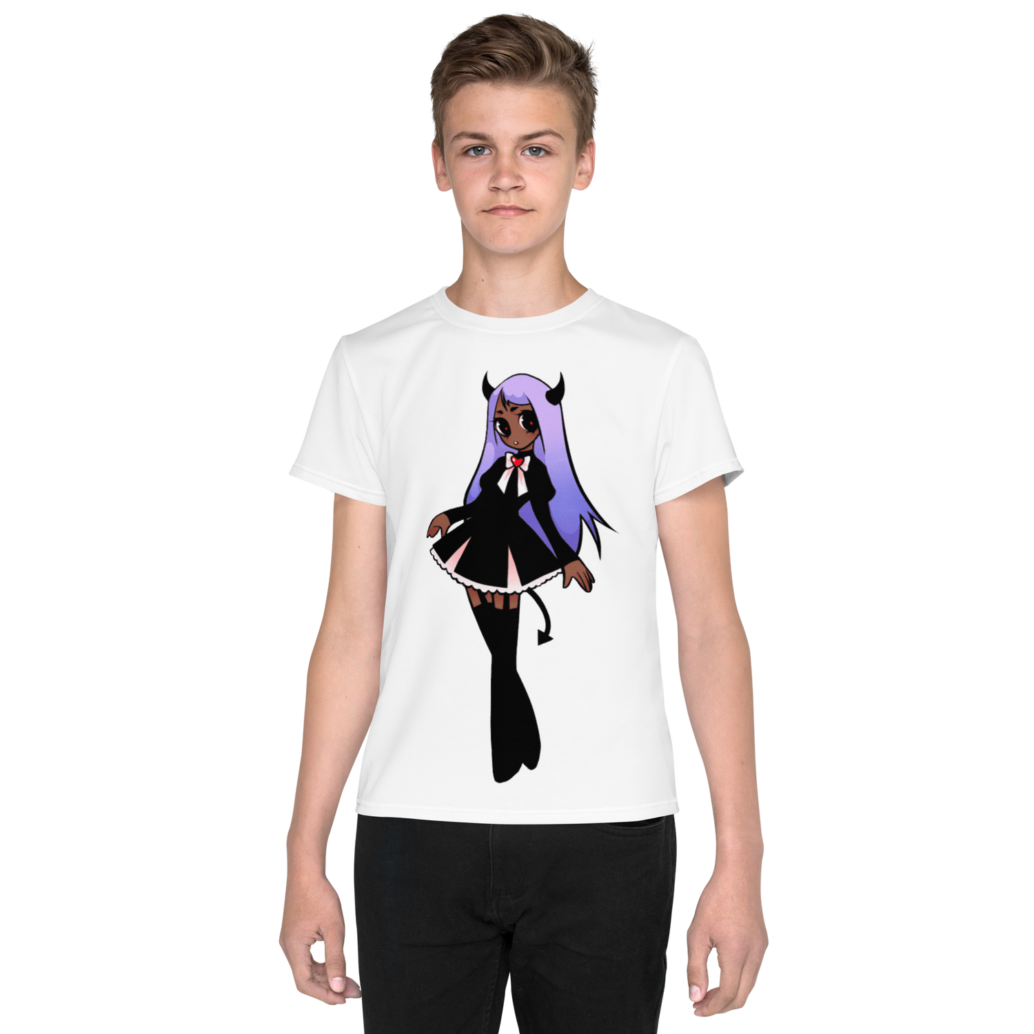Youth Crew Neck T-Shirt – Black Widow Superhero Print | Soft Black Cotton Tee | Voce Lindx