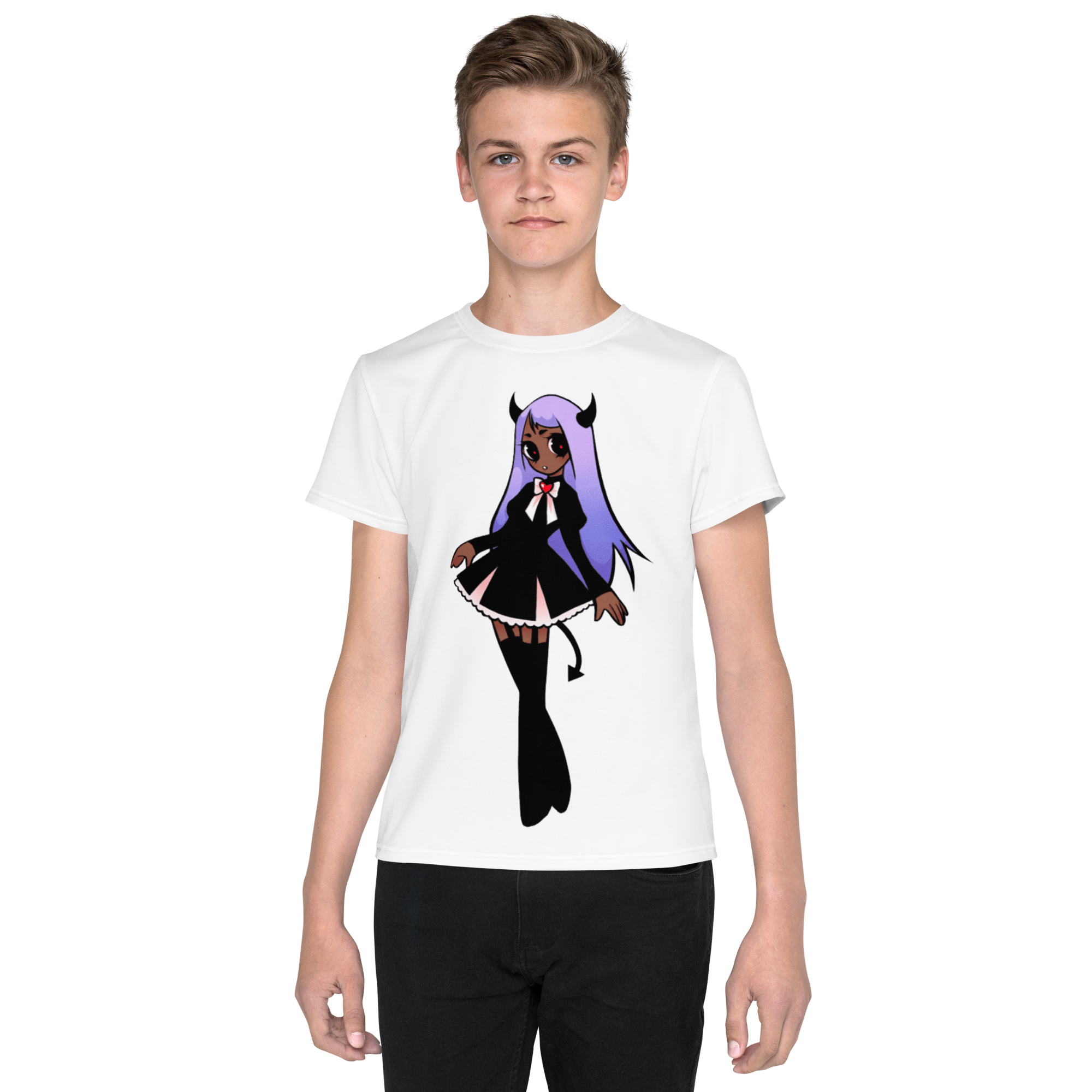 Youth Crew Neck T-Shirt – Black Widow Superhero Print | Soft Black Cotton Tee | Voce Lindx