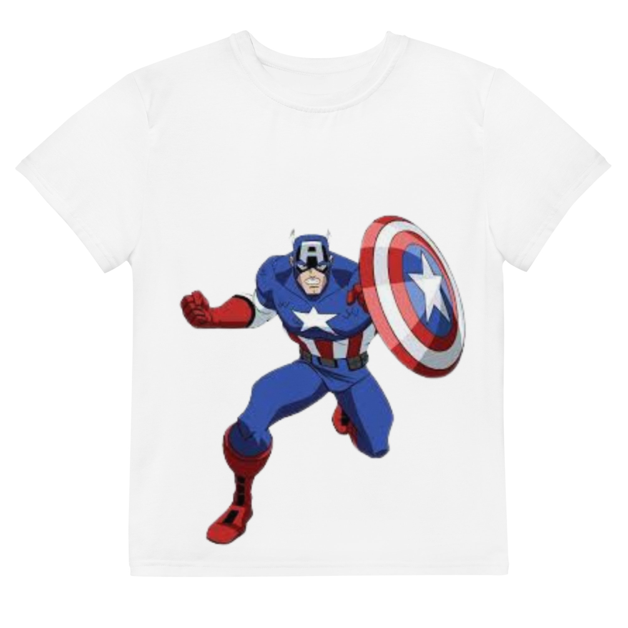 Youth Crew Neck T-Shirt – Captain America Inspired Shield Print | White Cotton Kids Tee | Voce Lindx
