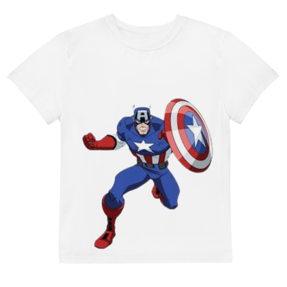 Youth Crew Neck T-Shirt – Captain America Inspired Shield Print | White Cotton Kids Tee | Voce Lindx