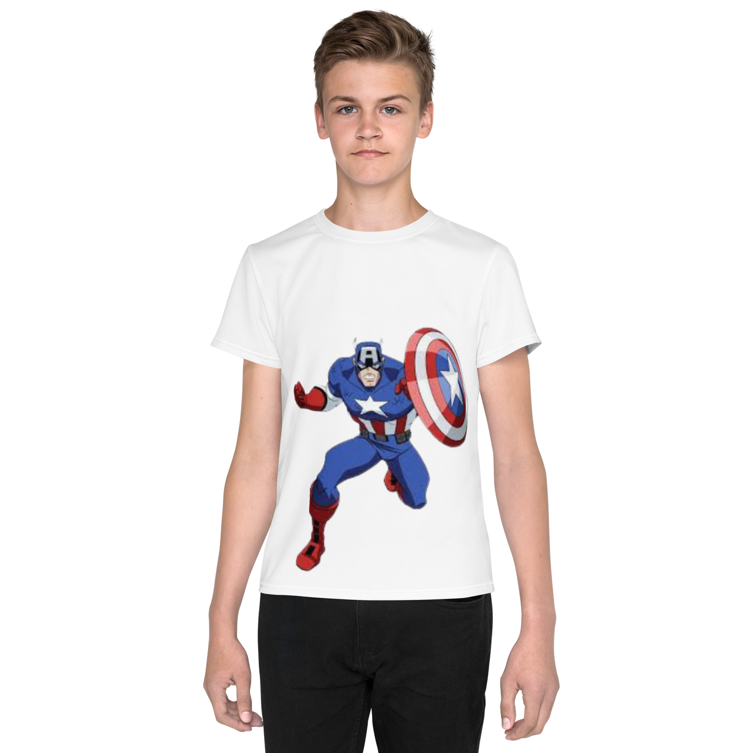 Youth Crew Neck T-Shirt – Captain America Inspired Shield Print | White Cotton Kids Tee | Voce Lindx
