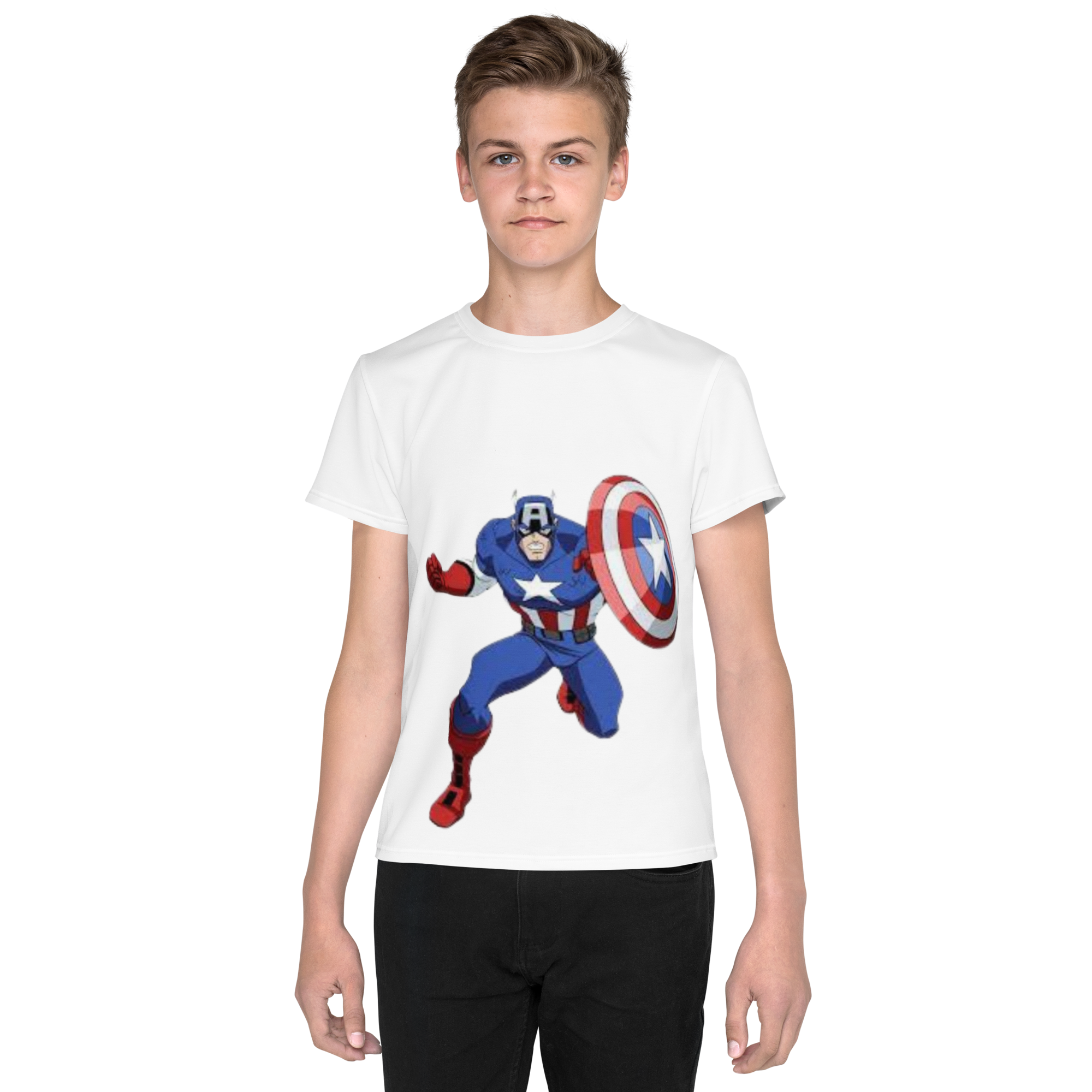 Youth Crew Neck T-Shirt – Captain America Inspired Shield Print | White Cotton Kids Tee | Voce Lindx