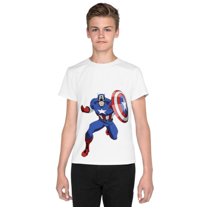 Youth Crew Neck T-Shirt – Captain America Inspired Shield Print | White Cotton Kids Tee | Voce Lindx