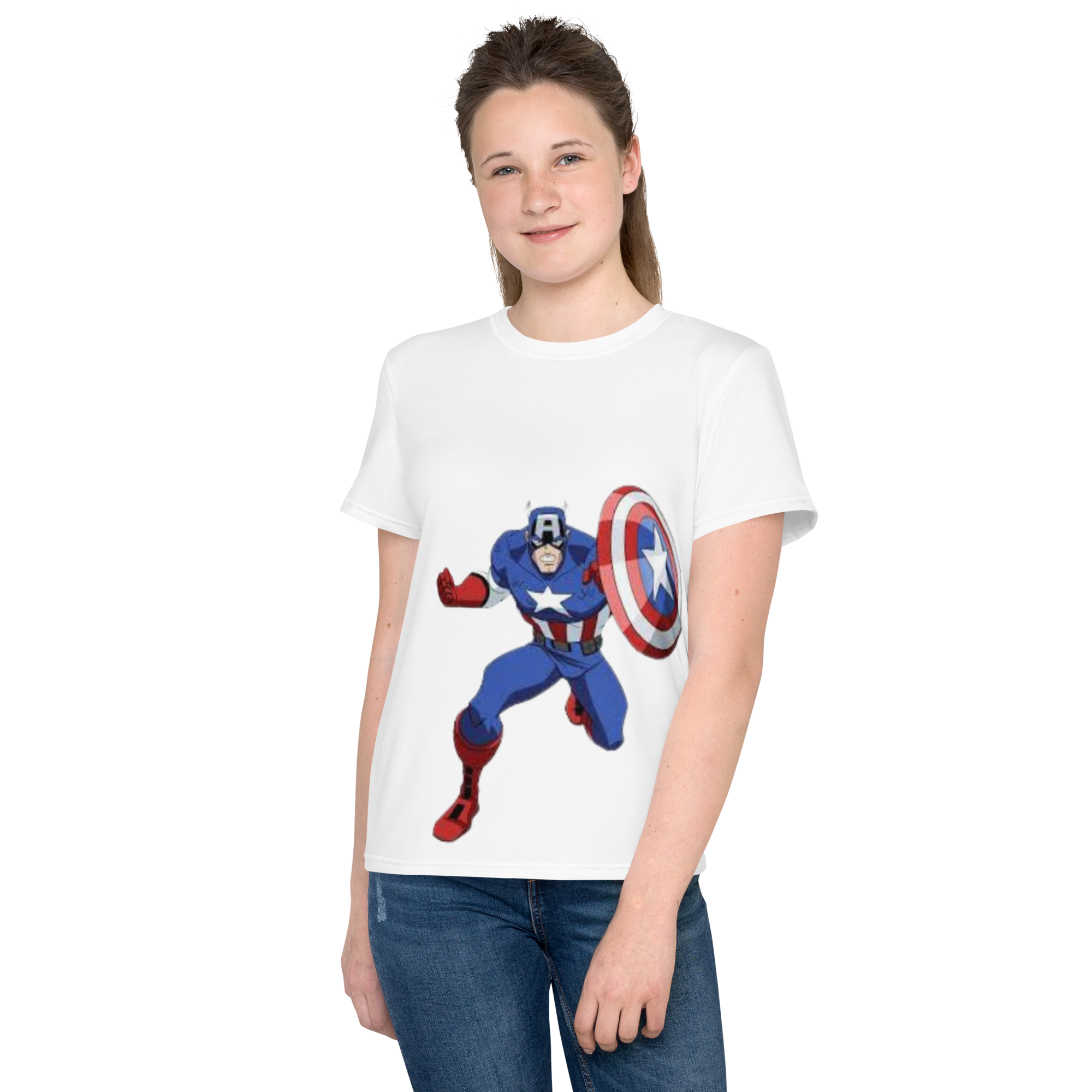 Youth Crew Neck T-Shirt – Captain America Inspired Shield Print | White Cotton Kids Tee | Voce Lindx