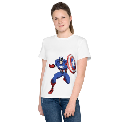 Youth Crew Neck T-Shirt – Captain America Inspired Shield Print | White Cotton Kids Tee | Voce Lindx