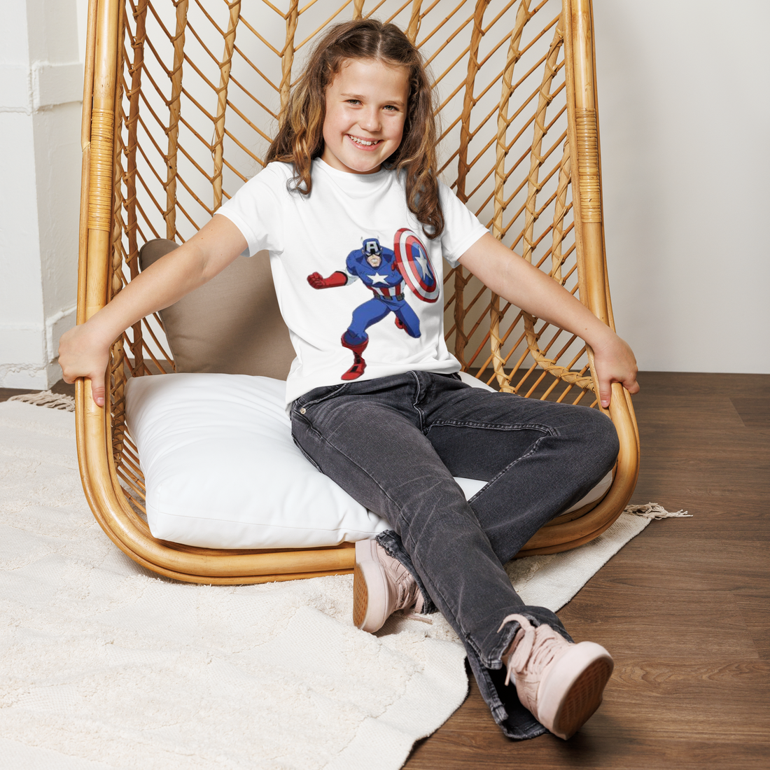 Youth Crew Neck T-Shirt – Captain America Inspired Shield Print | White Cotton Kids Tee | Voce Lindx