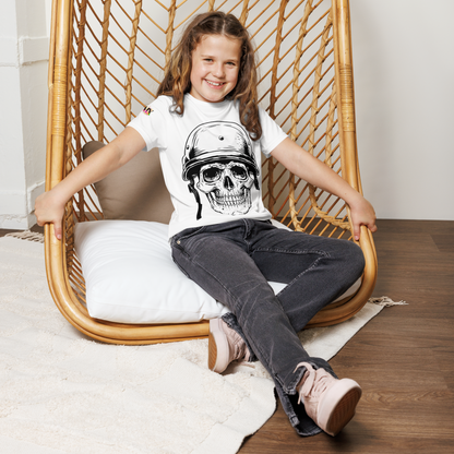 Youth Crew Neck T-Shirt – Skull in a Beret Graphic | White Cotton Tee for Kids | Voce Lindx
