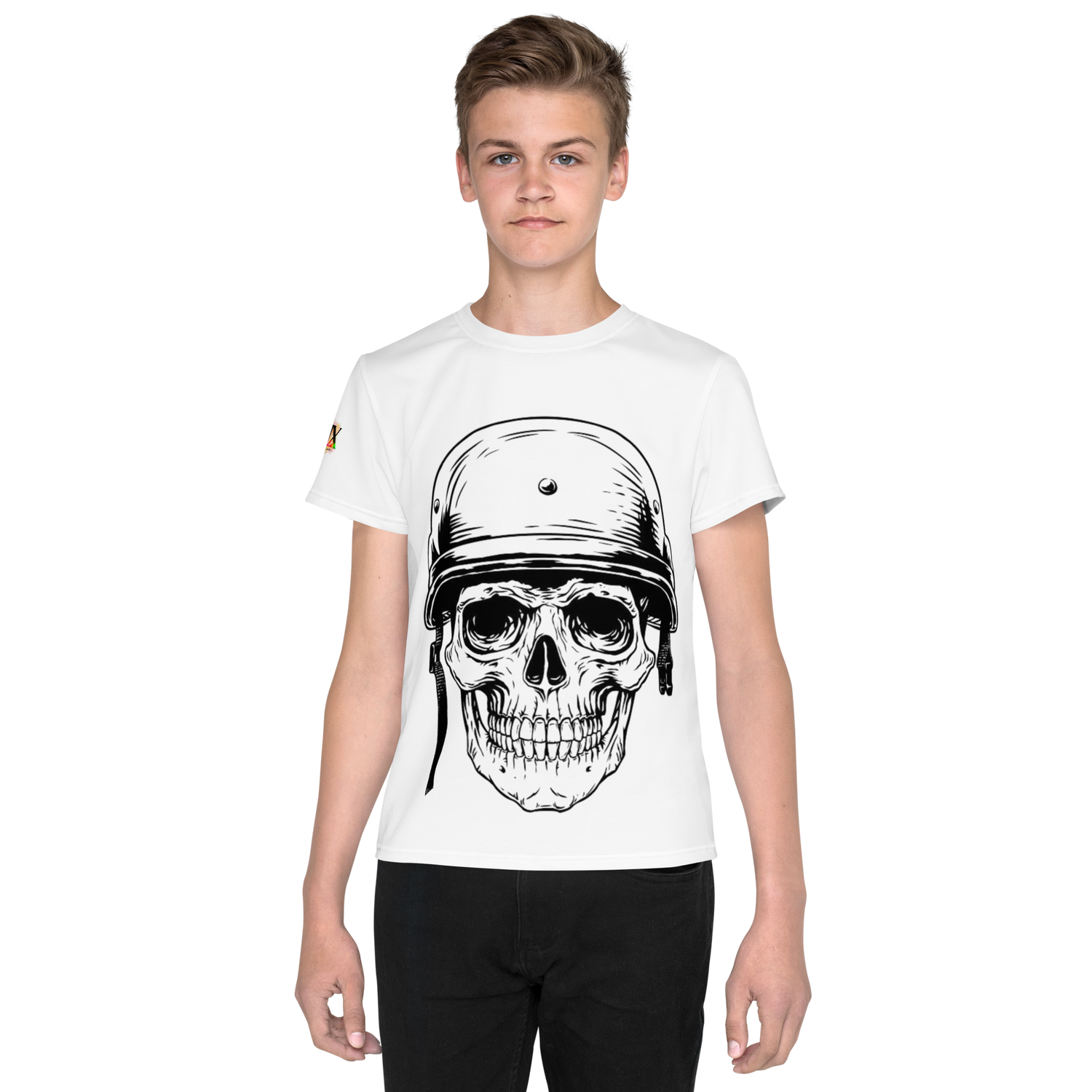 Youth Crew Neck T-Shirt – Skull in a Beret Graphic | White Cotton Tee for Kids | Voce Lindx