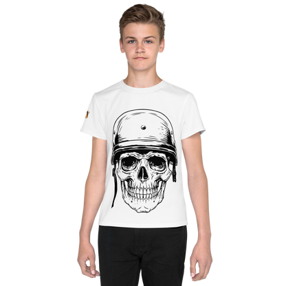 Youth Crew Neck T-Shirt – Skull in a Beret Graphic | White Cotton Tee for Kids | Voce Lindx