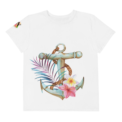 Youth Crew Neck T-Shirt – Nautical Anchor Graphic | Soft White Cotton Tee for Kids | Voce Lindx
