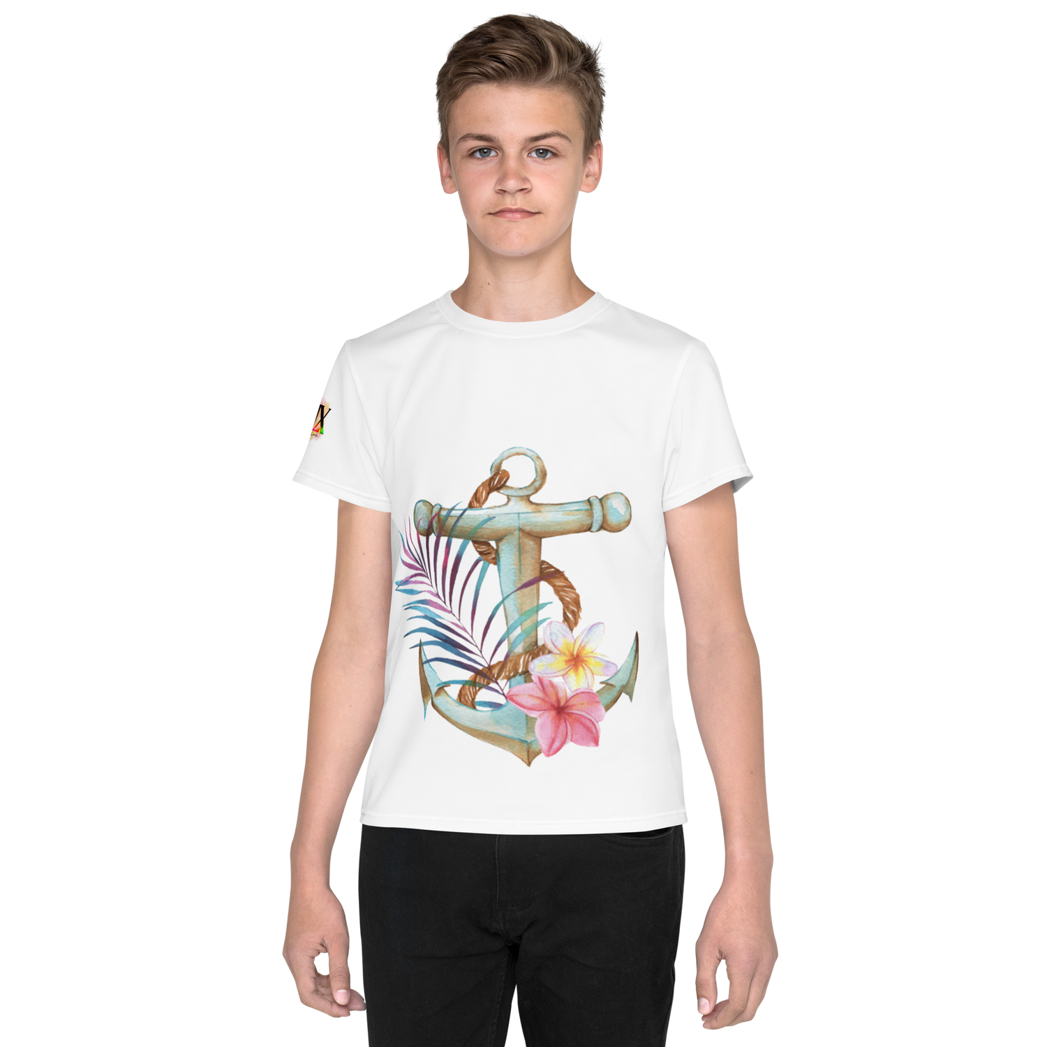 Youth Crew Neck T-Shirt – Nautical Anchor Graphic | Soft White Cotton Tee for Kids | Voce Lindx