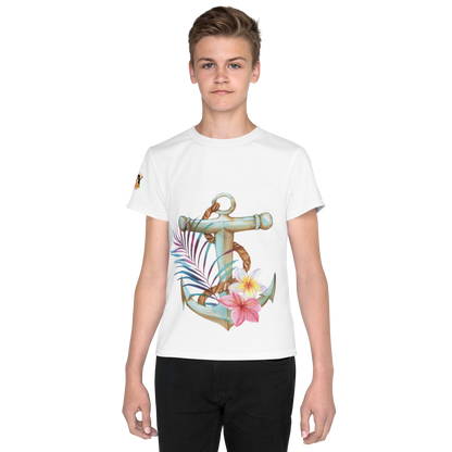 Youth Crew Neck T-Shirt – Nautical Anchor Graphic | Soft White Cotton Tee for Kids | Voce Lindx