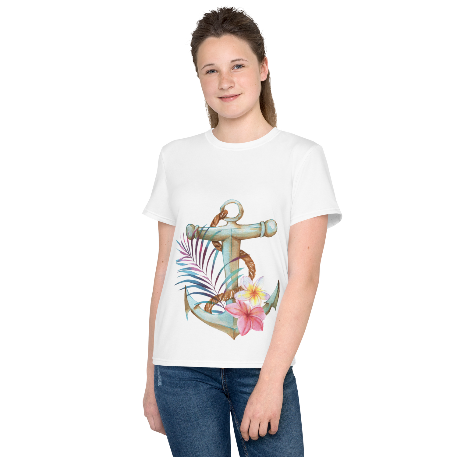 Youth Crew Neck T-Shirt – Nautical Anchor Graphic | Soft White Cotton Tee for Kids | Voce Lindx