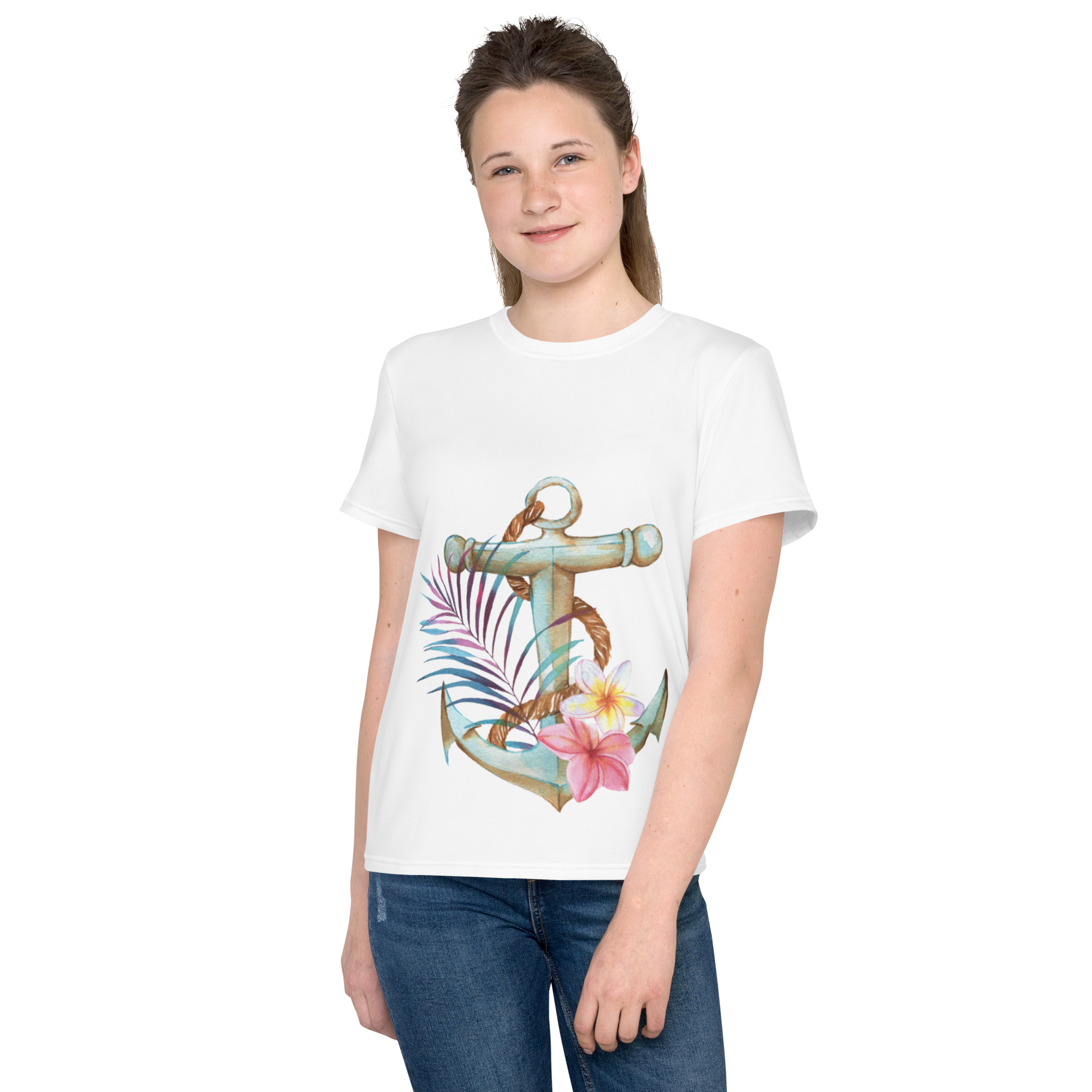 Youth Crew Neck T-Shirt – Nautical Anchor Graphic | Soft White Cotton Tee for Kids | Voce Lindx