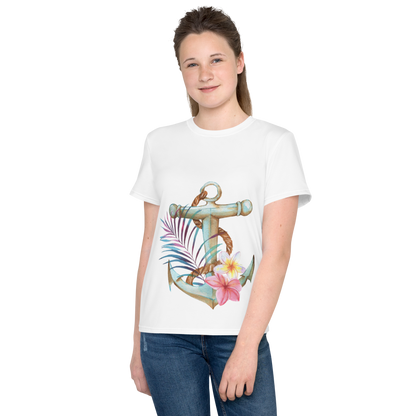 Youth Crew Neck T-Shirt – Nautical Anchor Graphic | Soft White Cotton Tee for Kids | Voce Lindx