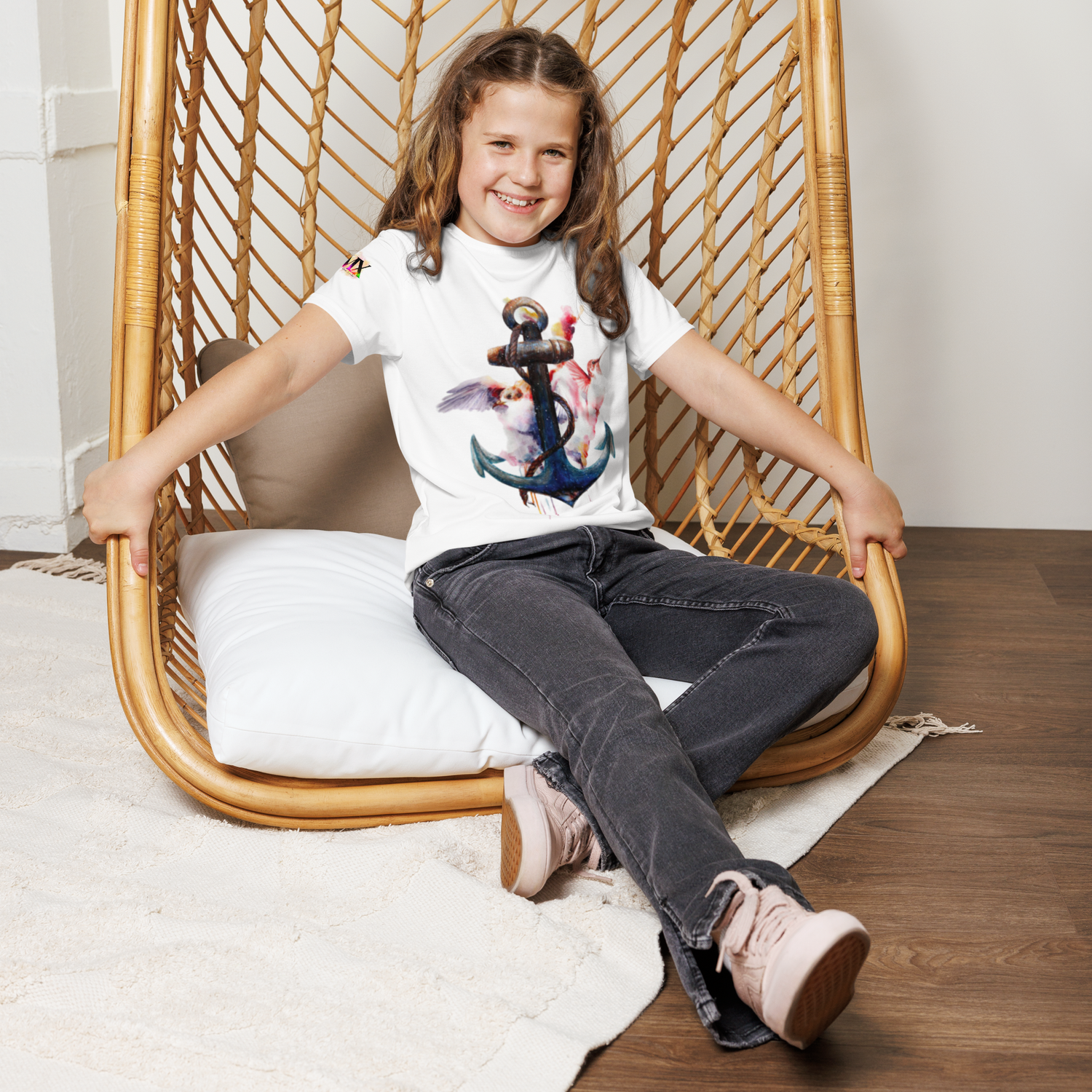 Youth Crew Neck T-Shirt – Anchor and Hummingbird Print | Soft White Cotton Tee for Kids | Voce Lindx