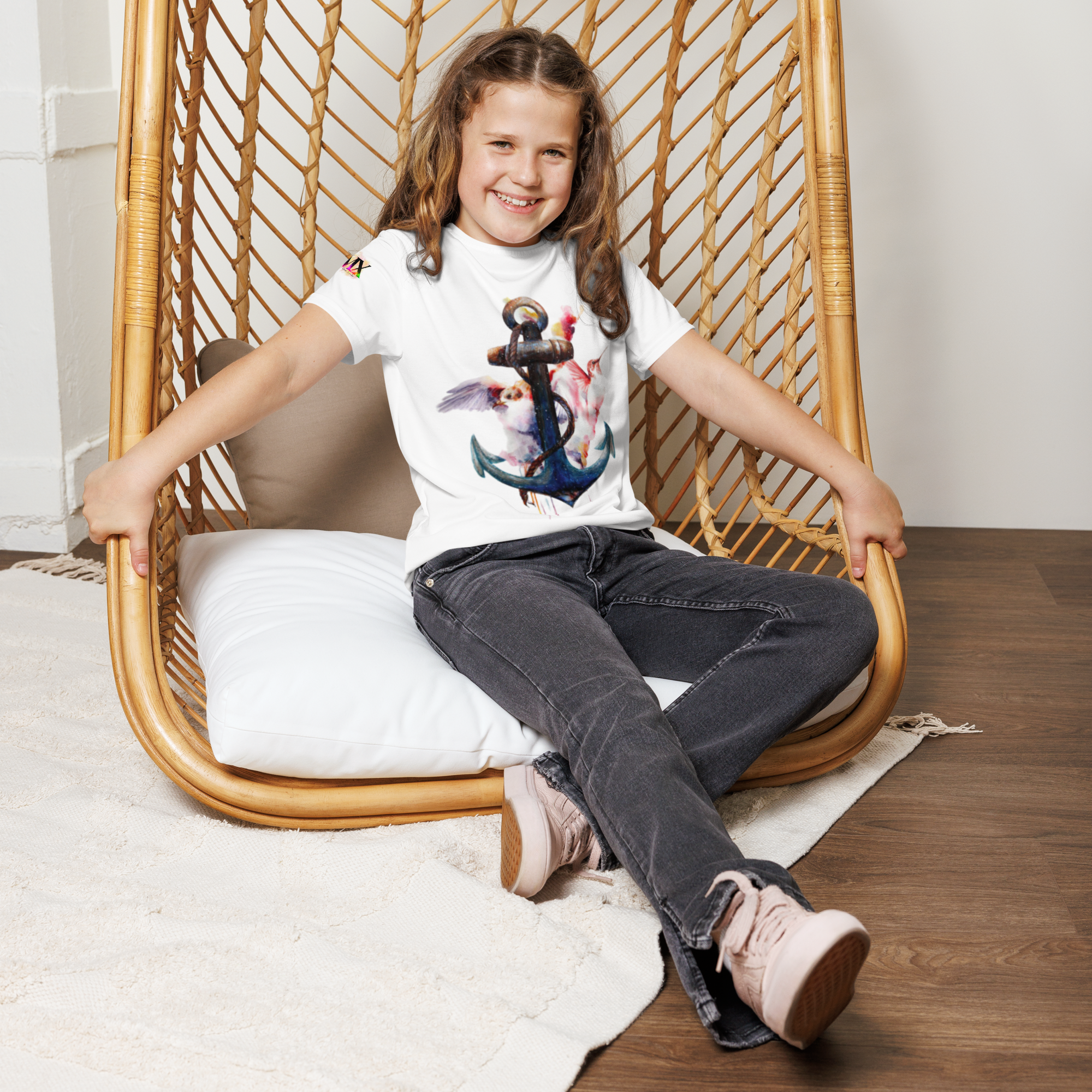 Youth Crew Neck T-Shirt – Anchor and Hummingbird Print | Soft White Cotton Tee for Kids | Voce Lindx