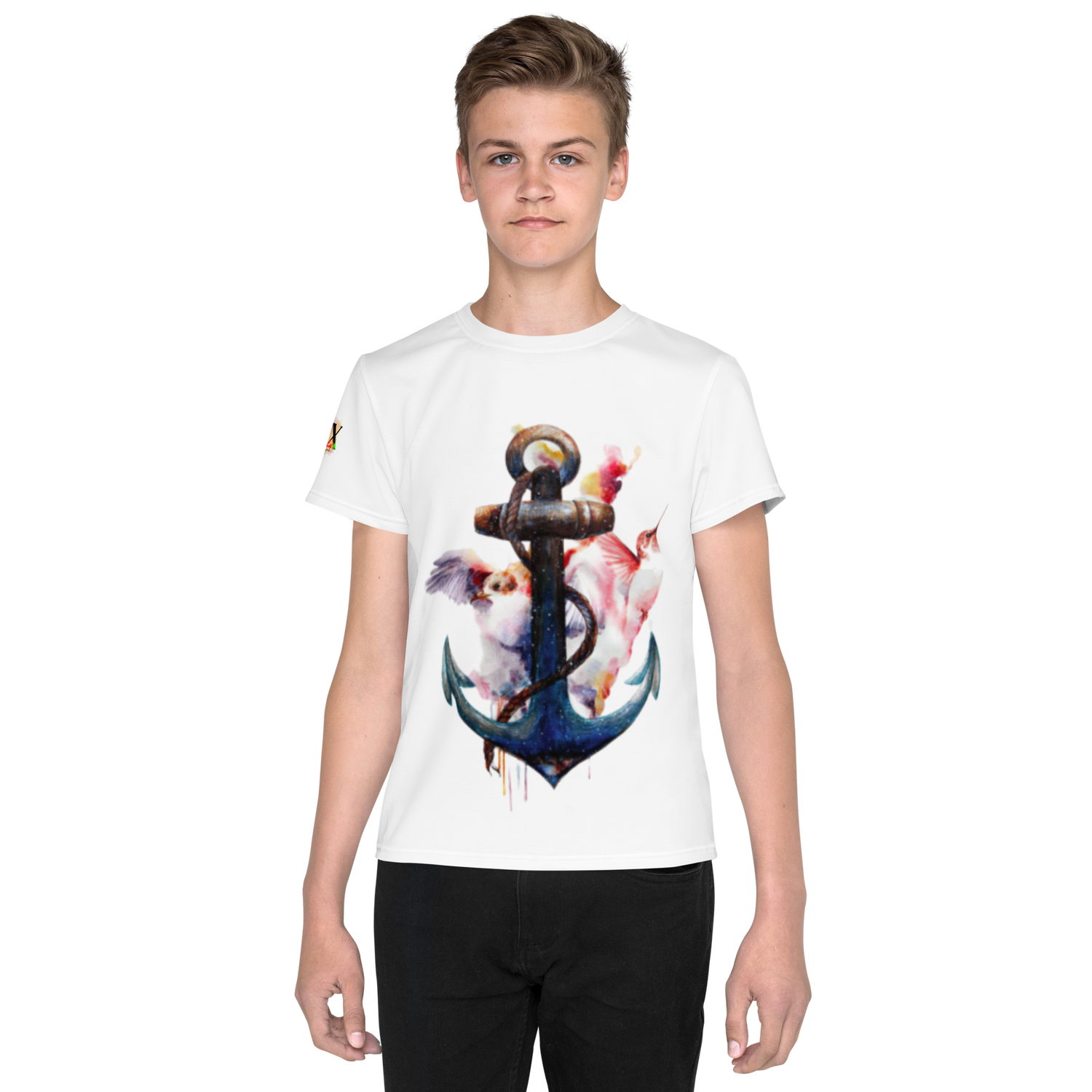 Youth Crew Neck T-Shirt – Anchor and Hummingbird Print | Soft White Cotton Tee for Kids | Voce Lindx