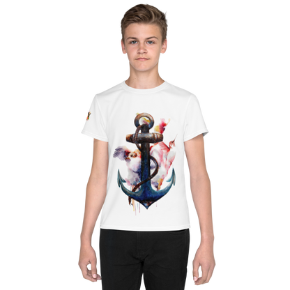 Youth Crew Neck T-Shirt – Anchor and Hummingbird Print | Soft White Cotton Tee for Kids | Voce Lindx