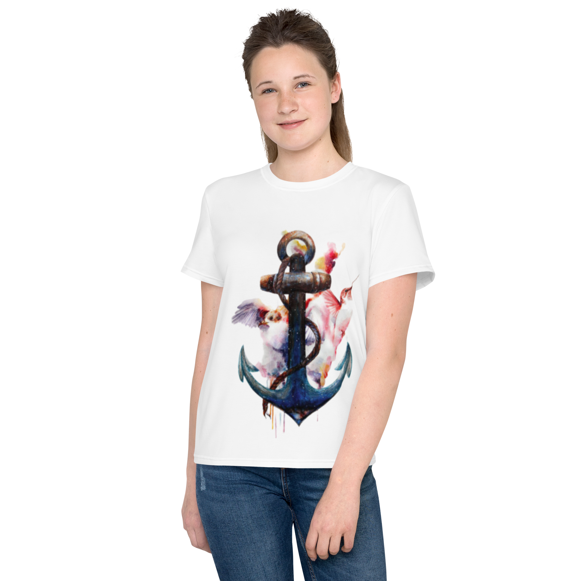 Youth Crew Neck T-Shirt – Anchor and Hummingbird Print | Soft White Cotton Tee for Kids | Voce Lindx