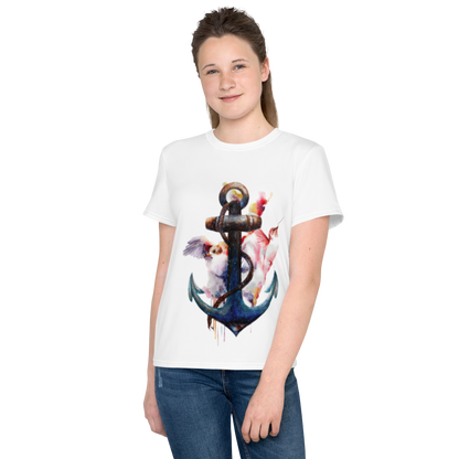 Youth Crew Neck T-Shirt – Anchor and Hummingbird Print | Soft White Cotton Tee for Kids | Voce Lindx