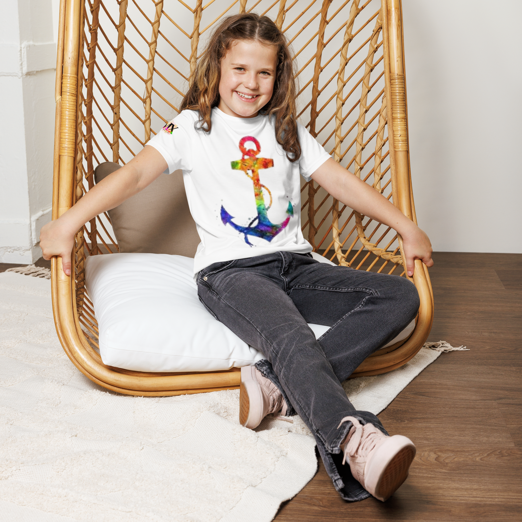 Youth Crew Neck T-Shirt – Rainbow Anchor Print | White Cotton Tee for Kids | Voce Lindx