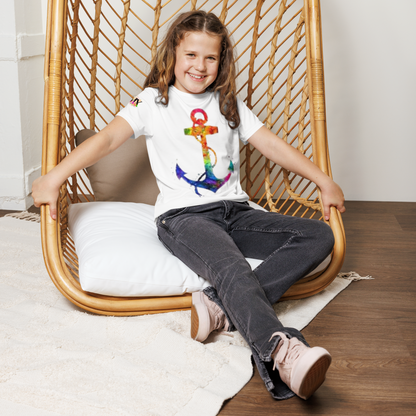 Youth Crew Neck T-Shirt – Rainbow Anchor Print | White Cotton Tee for Kids | Voce Lindx