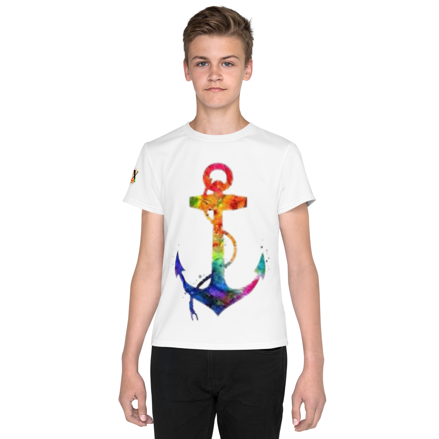 Youth Crew Neck T-Shirt – Rainbow Anchor Print | White Cotton Tee for Kids | Voce Lindx