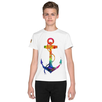 Youth Crew Neck T-Shirt – Rainbow Anchor Print | White Cotton Tee for Kids | Voce Lindx