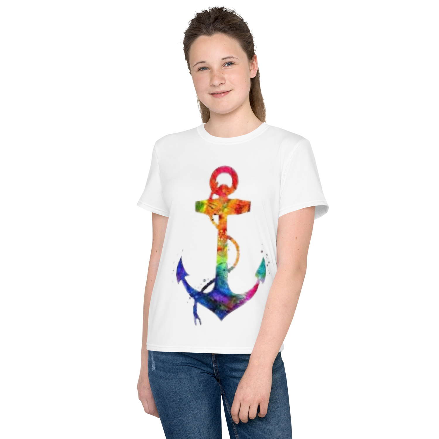 Youth Crew Neck T-Shirt – Rainbow Anchor Print | White Cotton Tee for Kids | Voce Lindx