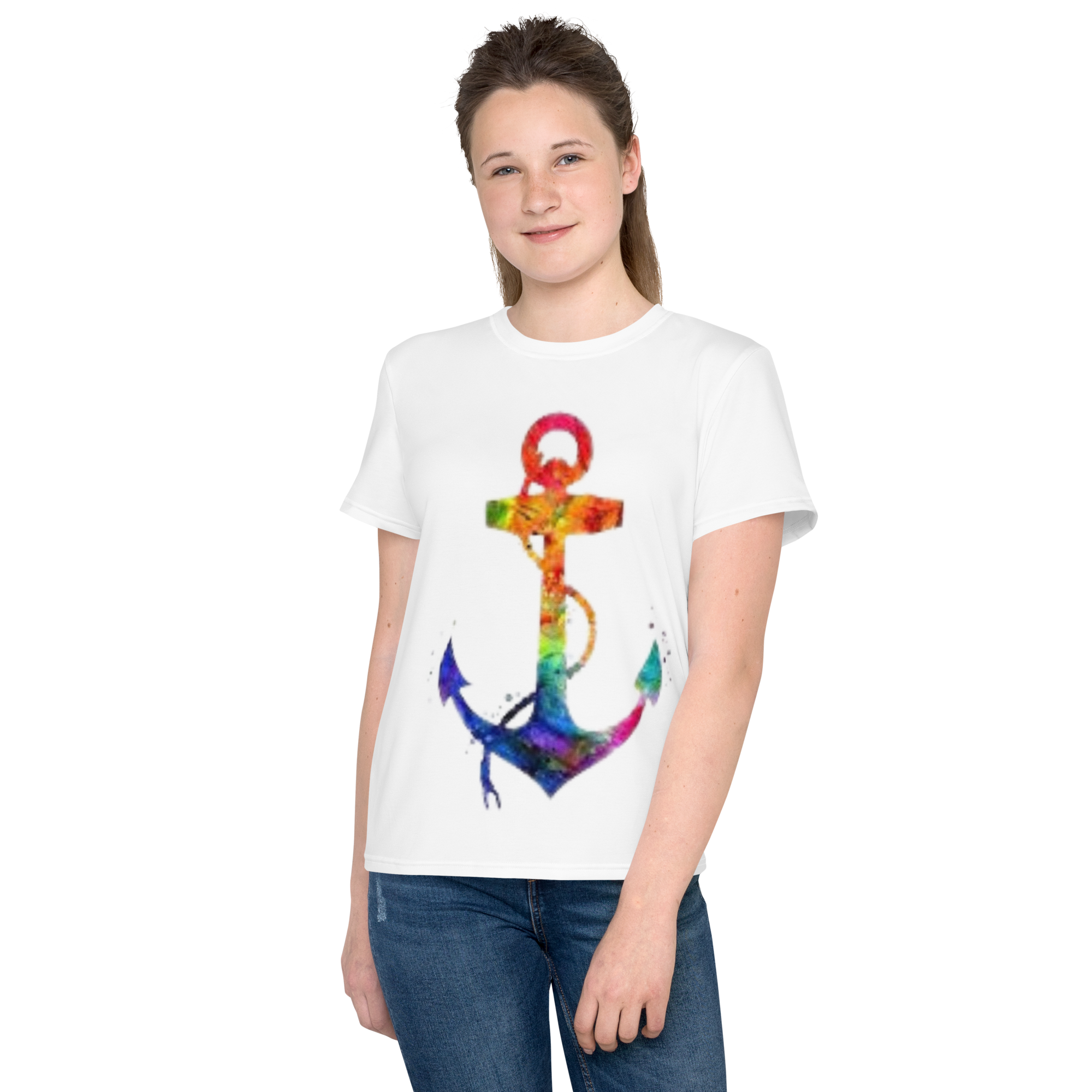 Youth Crew Neck T-Shirt – Rainbow Anchor Print | White Cotton Tee for Kids | Voce Lindx