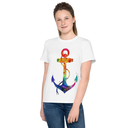 Youth Crew Neck T-Shirt – Rainbow Anchor Print | White Cotton Tee for Kids | Voce Lindx