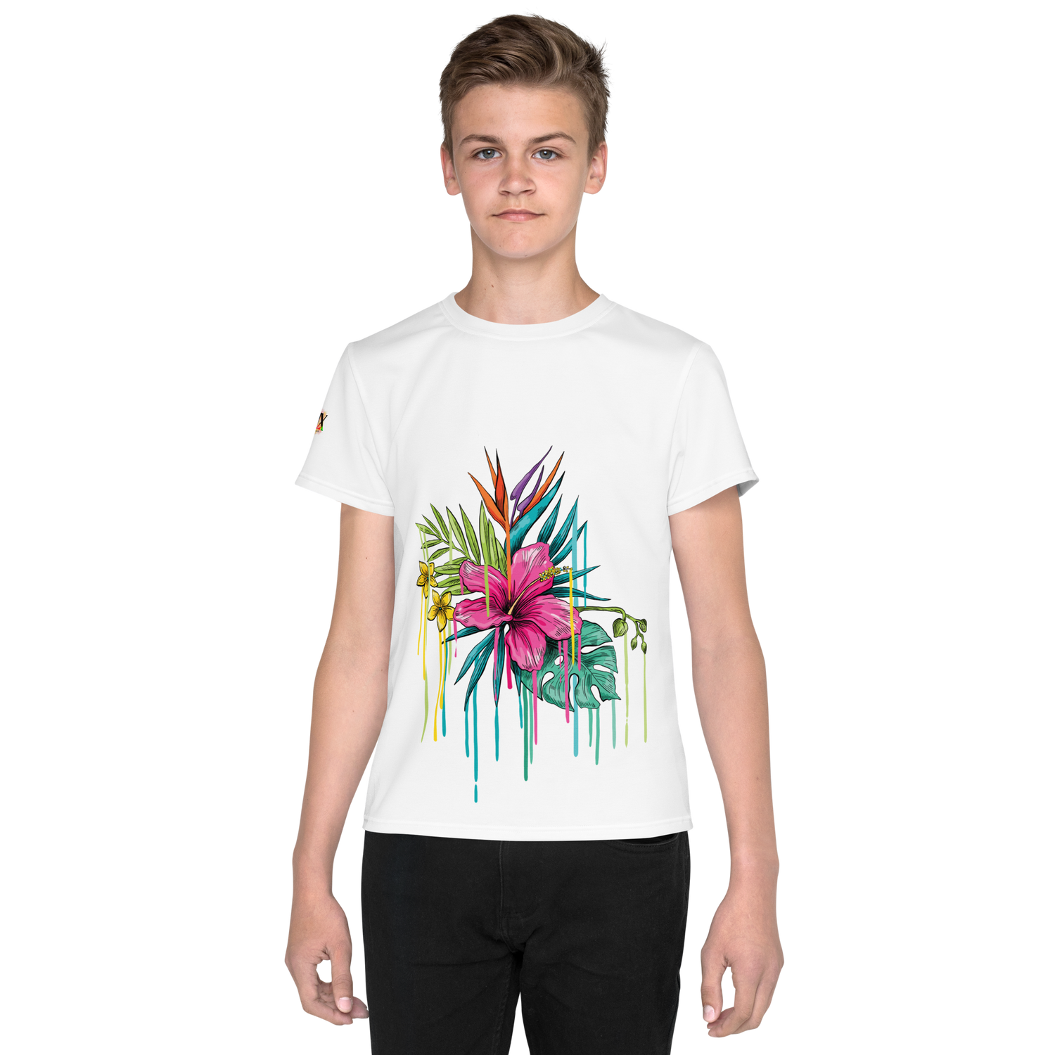 Youth Crew Neck T-Shirt – Pink Flower Graphic | White Cotton Tee for Kids | Voce Lindx