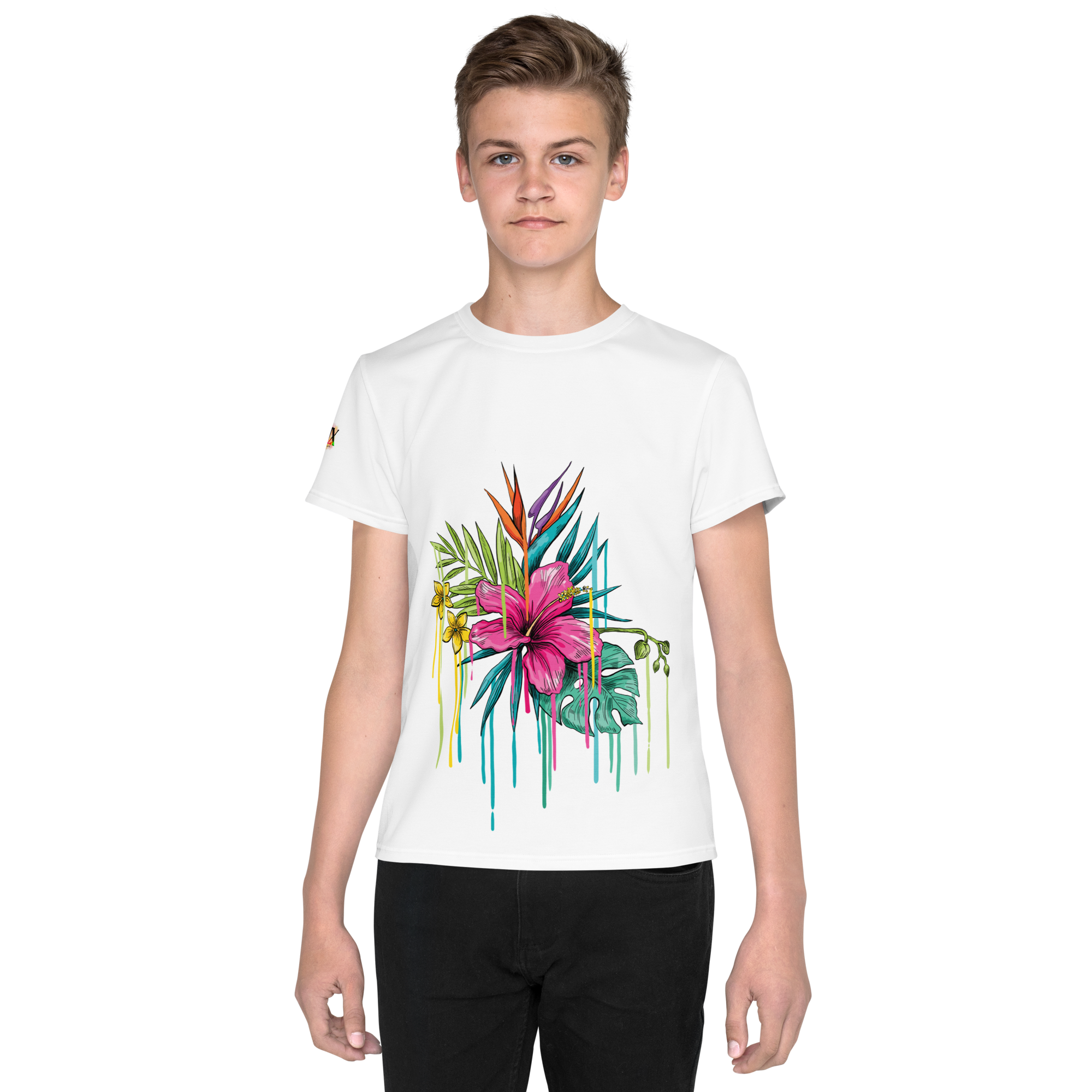 Youth Crew Neck T-Shirt – Pink Flower Graphic | White Cotton Tee for Kids | Voce Lindx