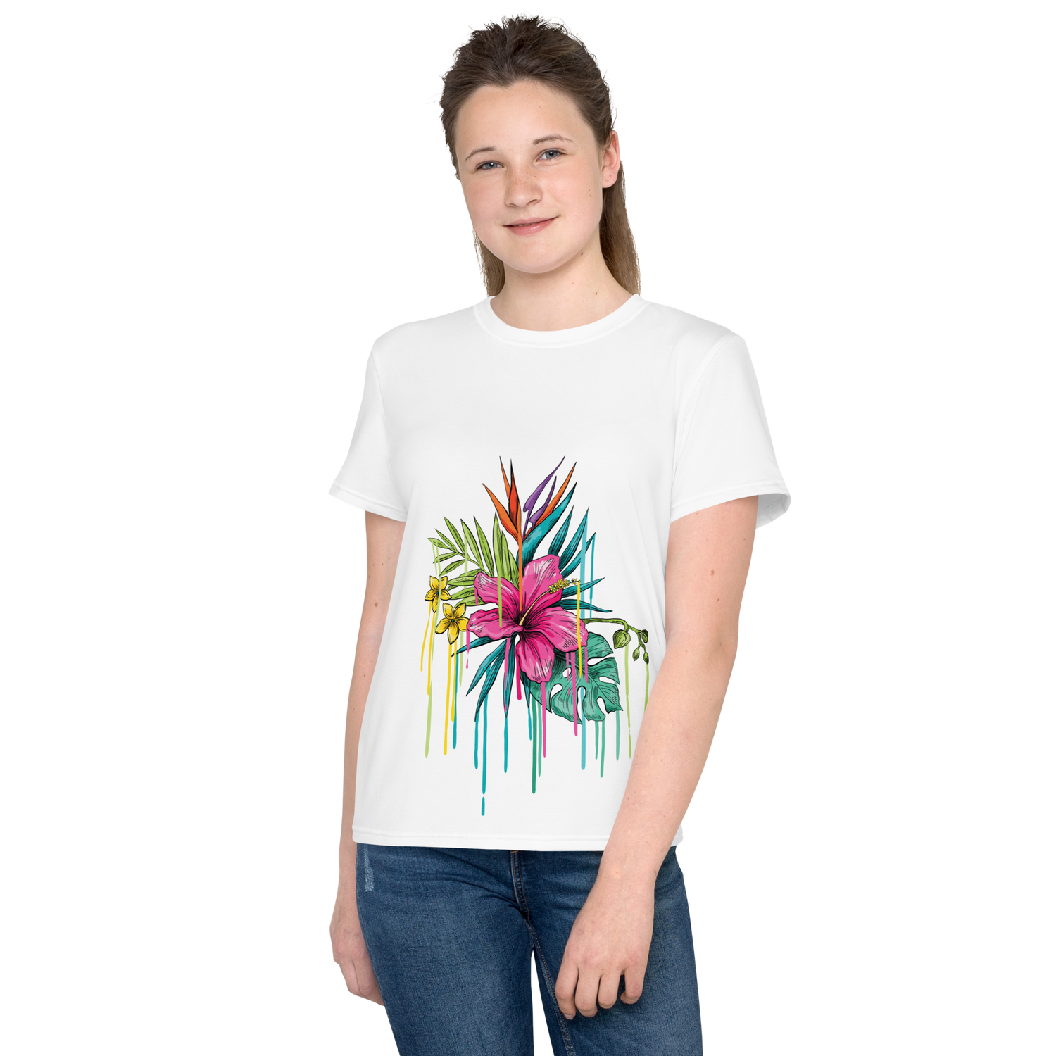 Youth Crew Neck T-Shirt – Pink Flower Graphic | White Cotton Tee for Kids | Voce Lindx