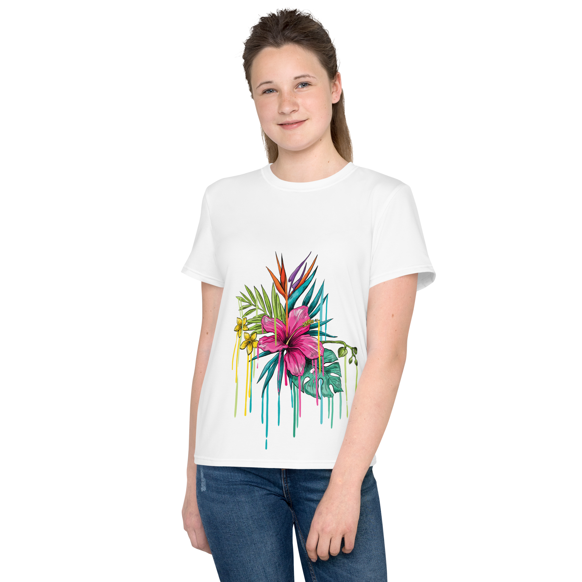 Youth Crew Neck T-Shirt – Pink Flower Graphic | White Cotton Tee for Kids | Voce Lindx