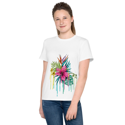 Youth Crew Neck T-Shirt – Pink Flower Graphic | White Cotton Tee for Kids | Voce Lindx