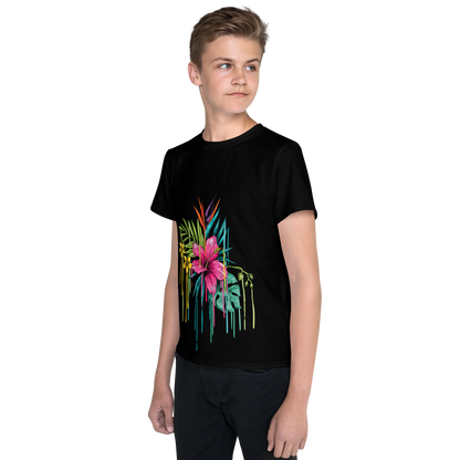 Black Youth Crew Neck T-Shirt – Pink Flower Graphic | 100% Cotton Kids Tee by Voce Lindx