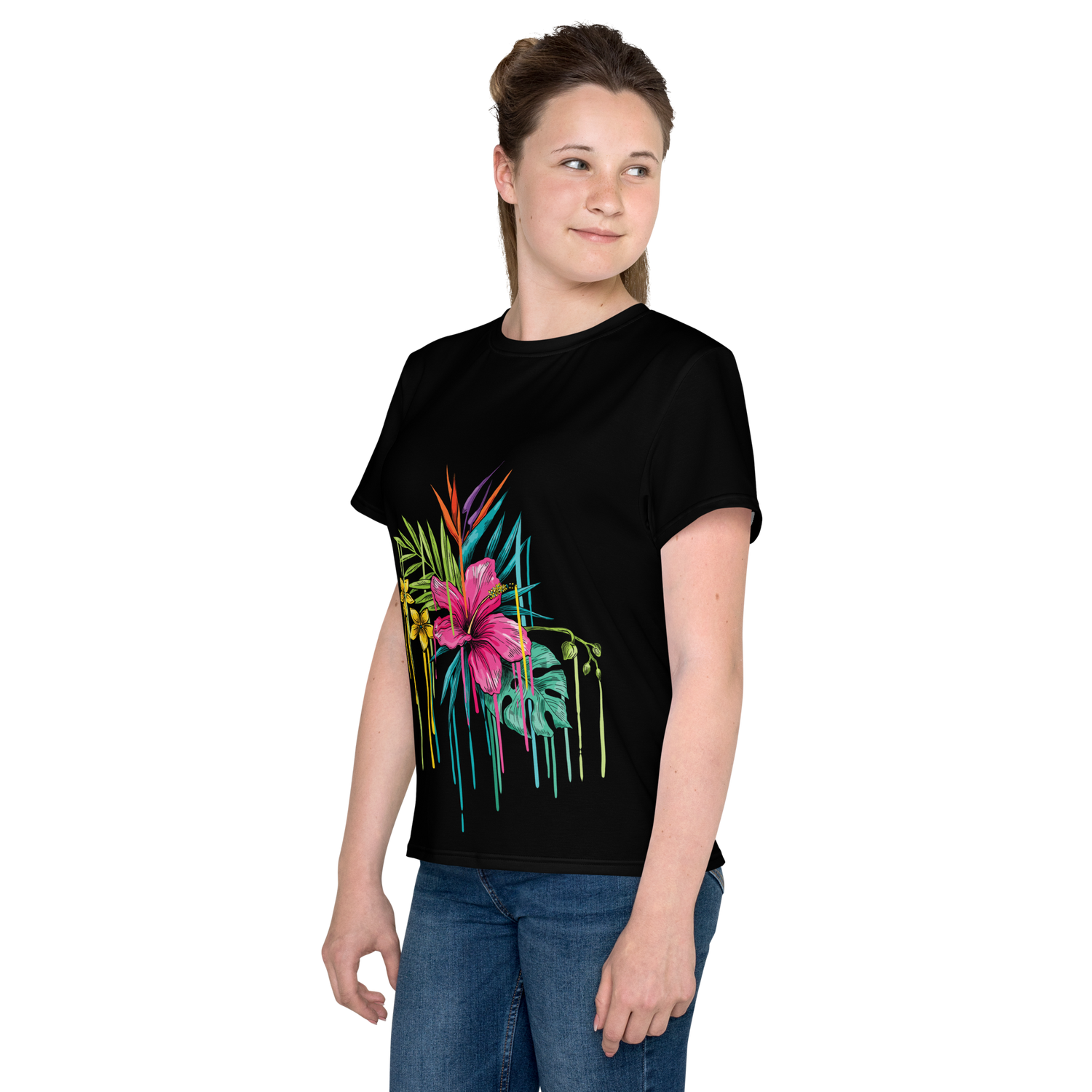Black Youth Crew Neck T-Shirt – Pink Flower Graphic | 100% Cotton Kids Tee by Voce Lindx