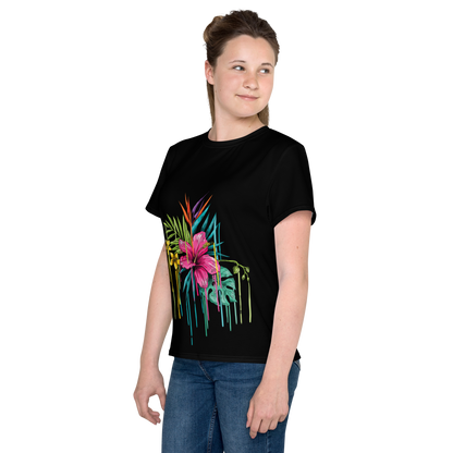 Black Youth Crew Neck T-Shirt – Pink Flower Graphic | 100% Cotton Kids Tee by Voce Lindx