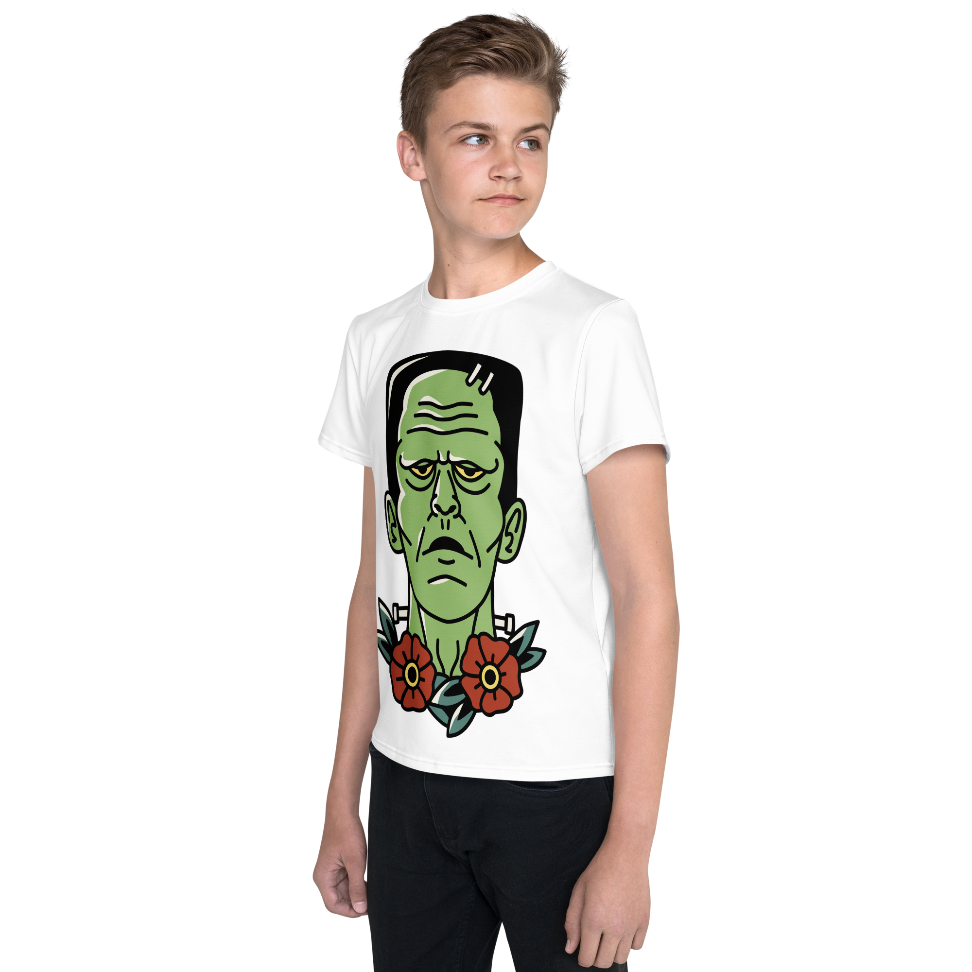 Youth Crew Neck T-Shirt – Frankenstein Cartoon Print | Black Kids Tee | 100% Cotton